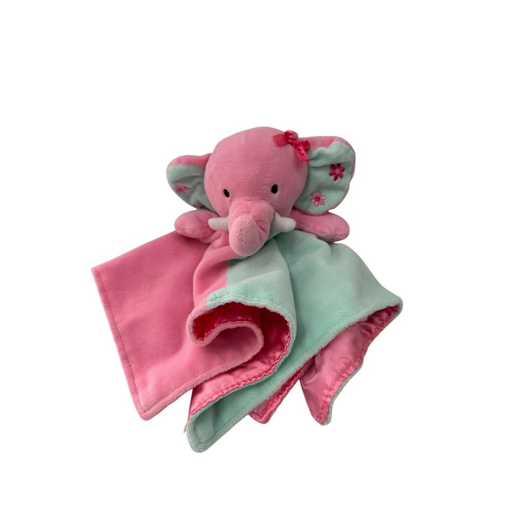 Okie Dokie Pink & Mint Elephant Plush Lovey Baby Security Blanket 14"x14"‎ Satin